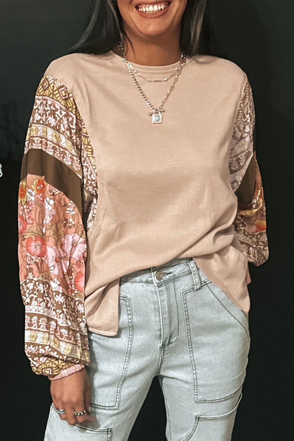Parchment Contrast Floral Patchwork Puff Sleeve Waffle Knit Top eAura