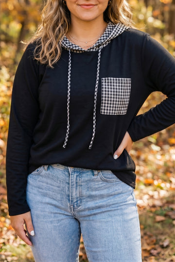 Hooded Gingham Paneling Chest Patch Pocket Long Sleeve Plus Size Blouse – Black