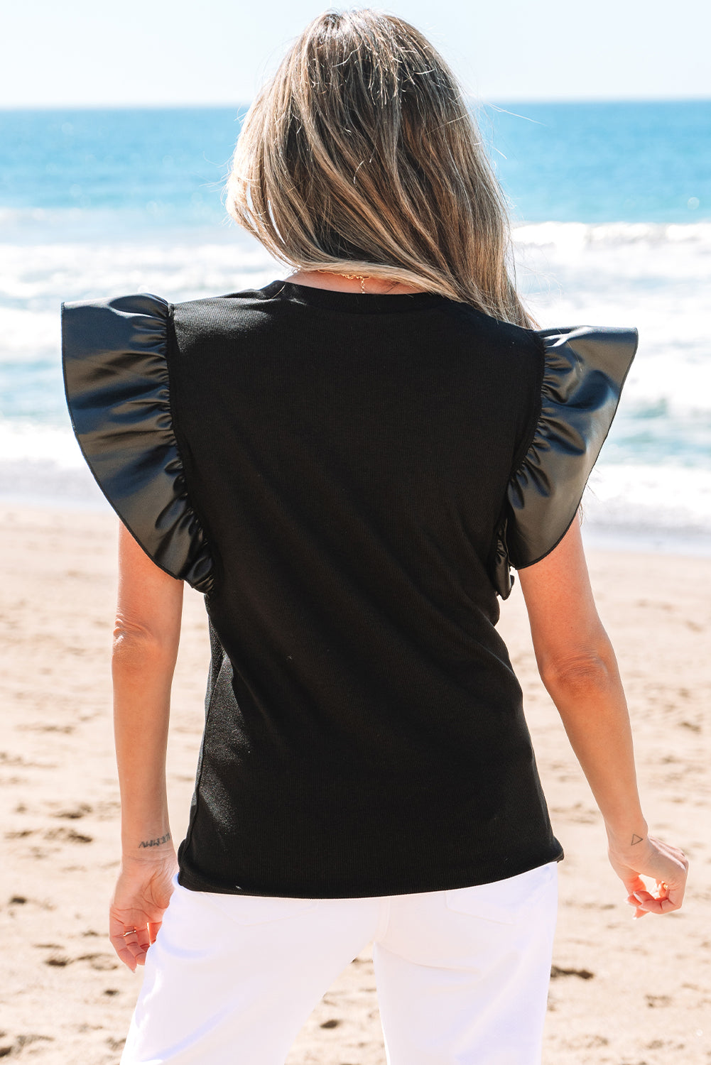Black Leather Ruffle Sleeve Patchwork Round Neck Blouse eAura