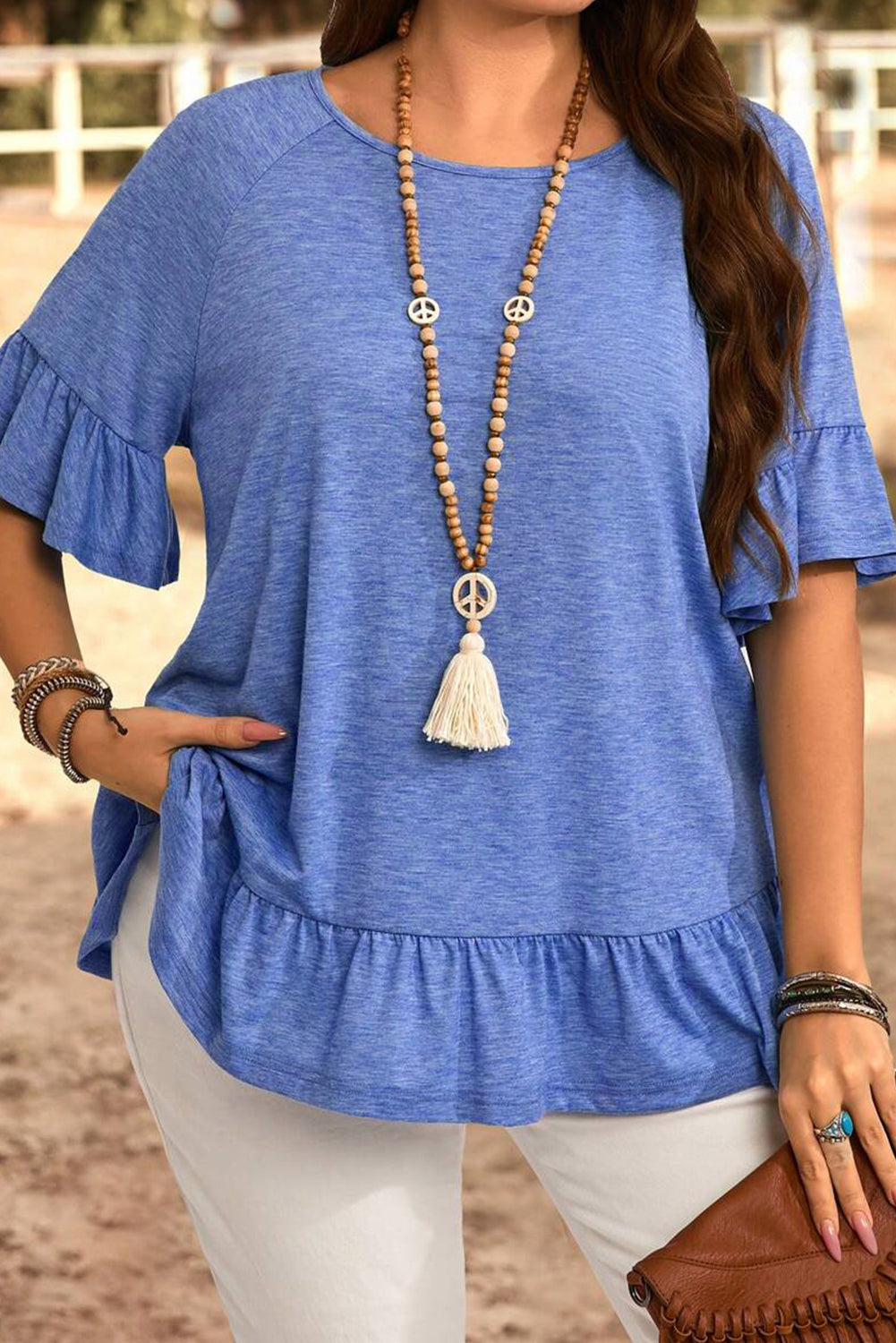 Dusk Blue Ruffled Short Sleeve Plus Size Casual Top BB Fashion Outlet