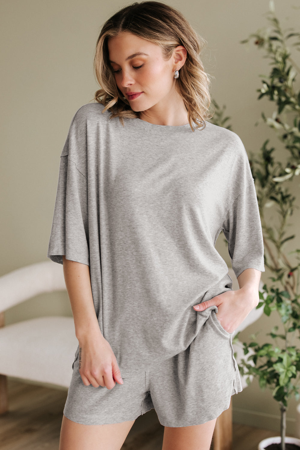 Grey Solid Colour Loose Tee 2 Piece Shorts Set eAura