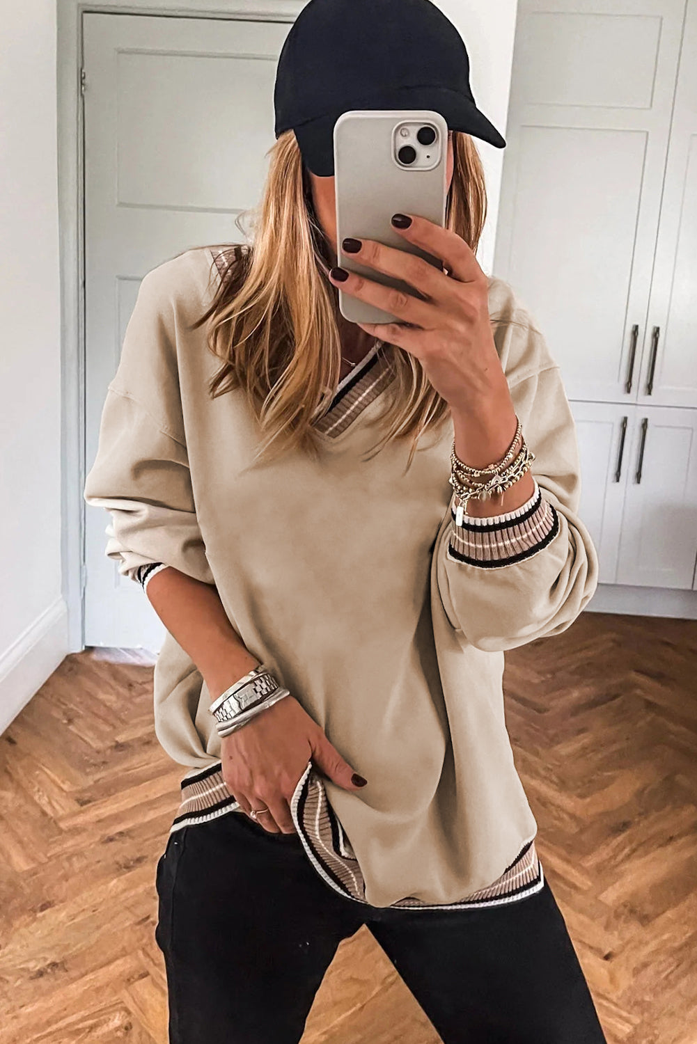 Grey Varsity Contrast Striped Trim V-Neck Sweatshirt - eAura