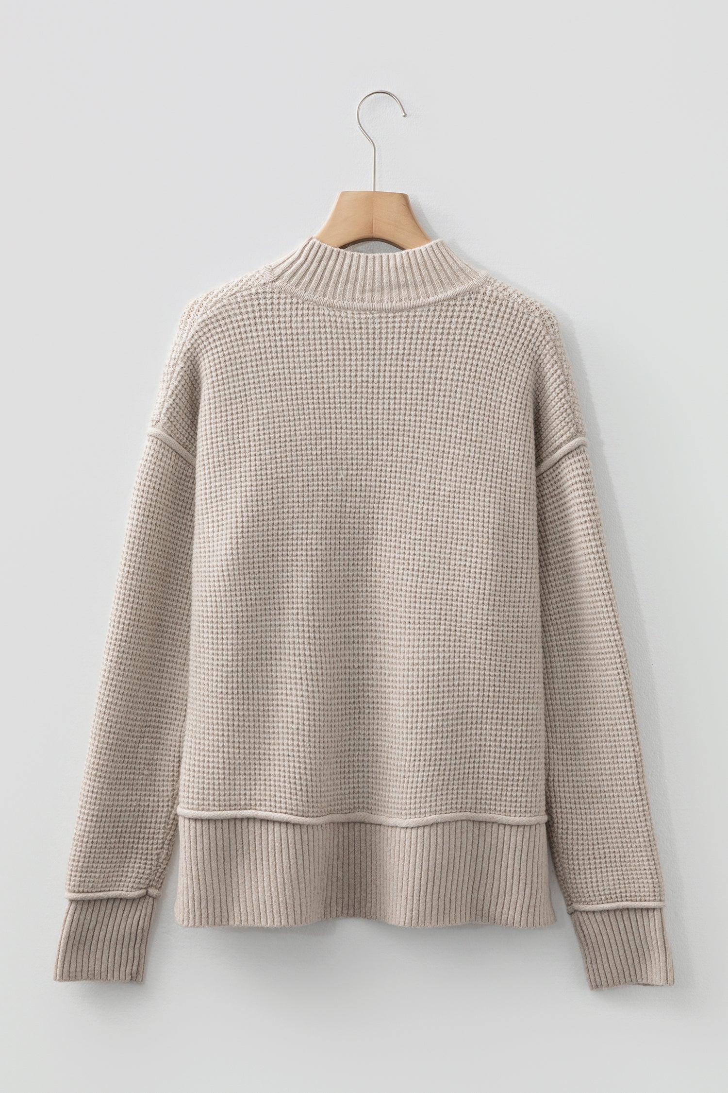 Waffle Texture Knit Ribbed High Neck Drop Shoulder Sweater - eAura