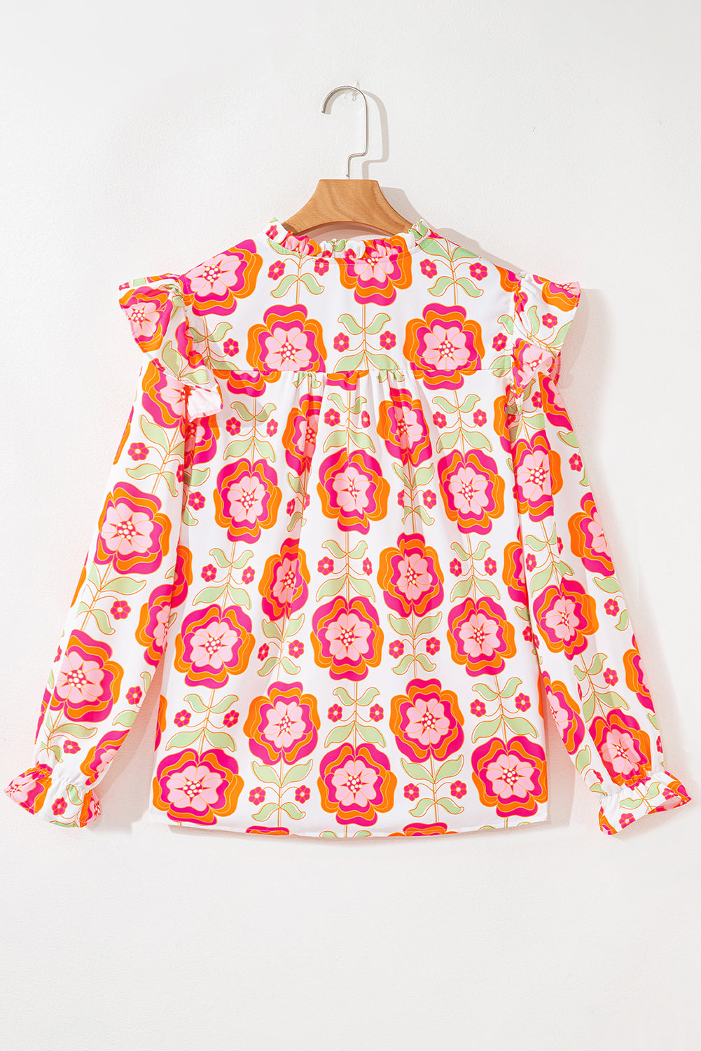 Rose Floral Printed Ruffled Long Sleeve Blouse - eAura