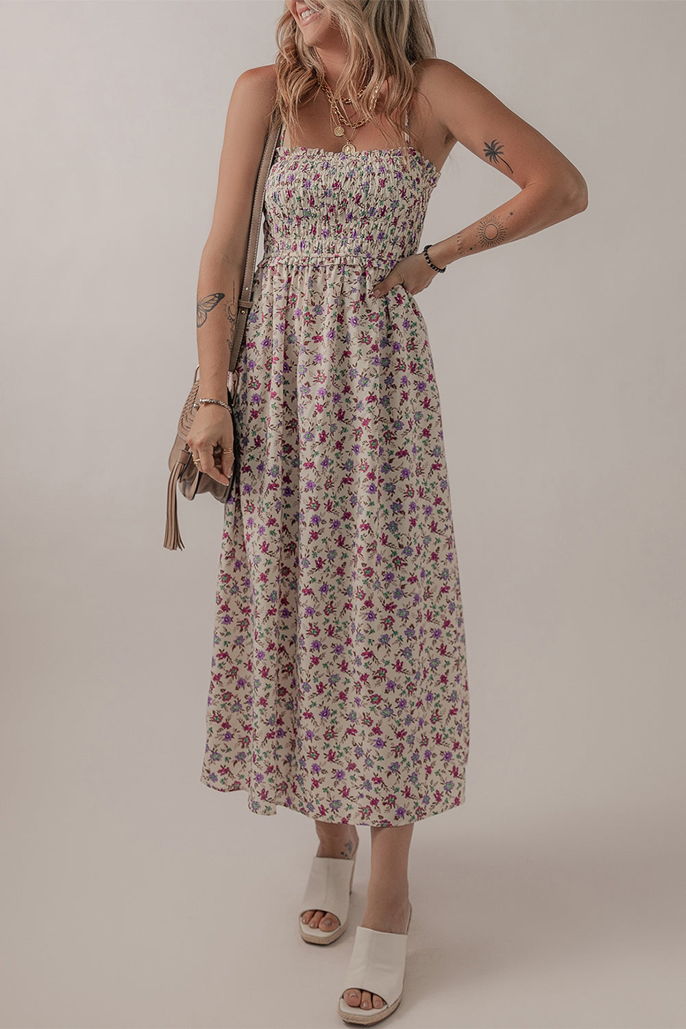 Multicolour Bohemian Ditsy Floral Smocked Fit Flare Sundress eAura