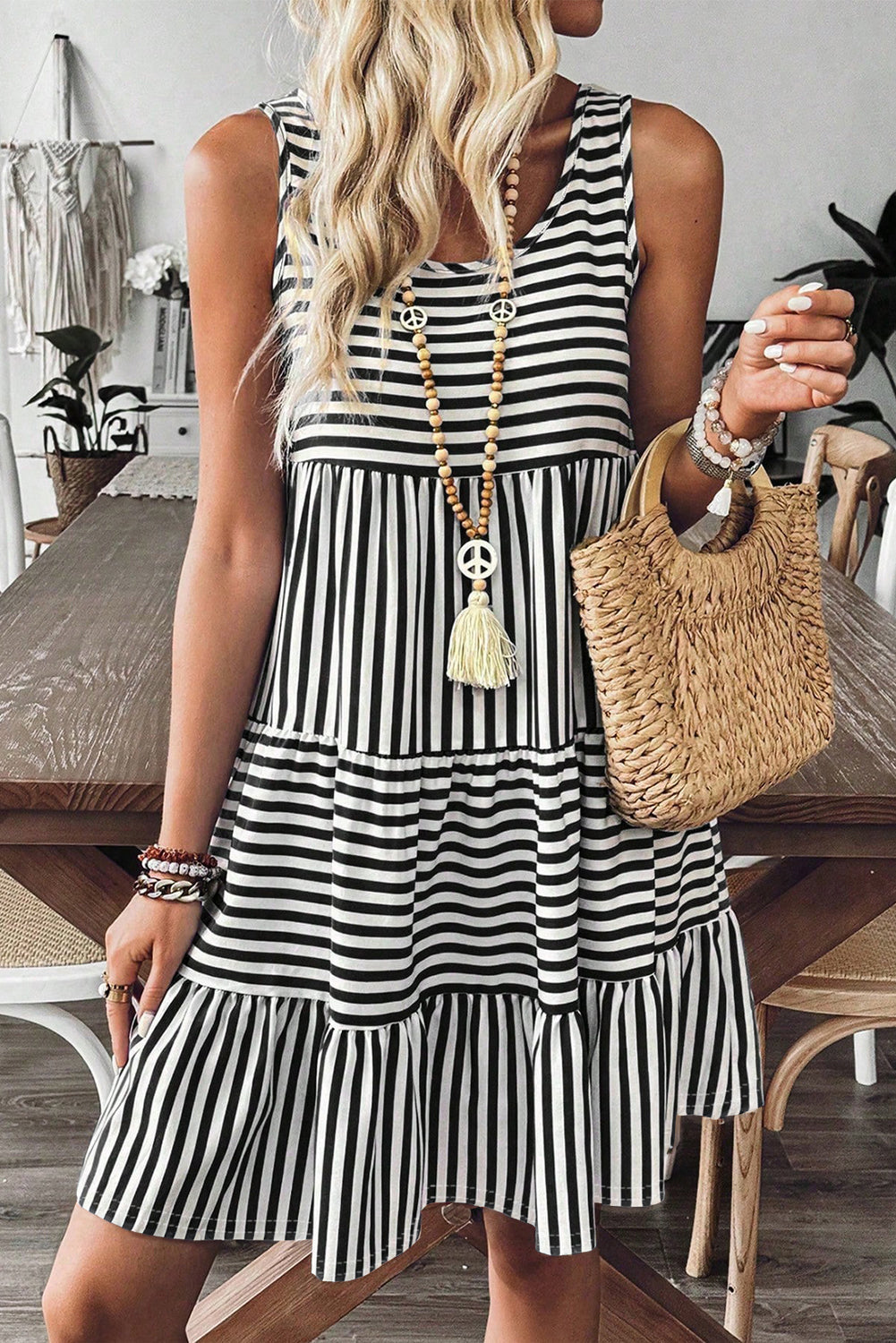 Stripe U-Neck Sleeveless Loose Fit Mini Dress eAura