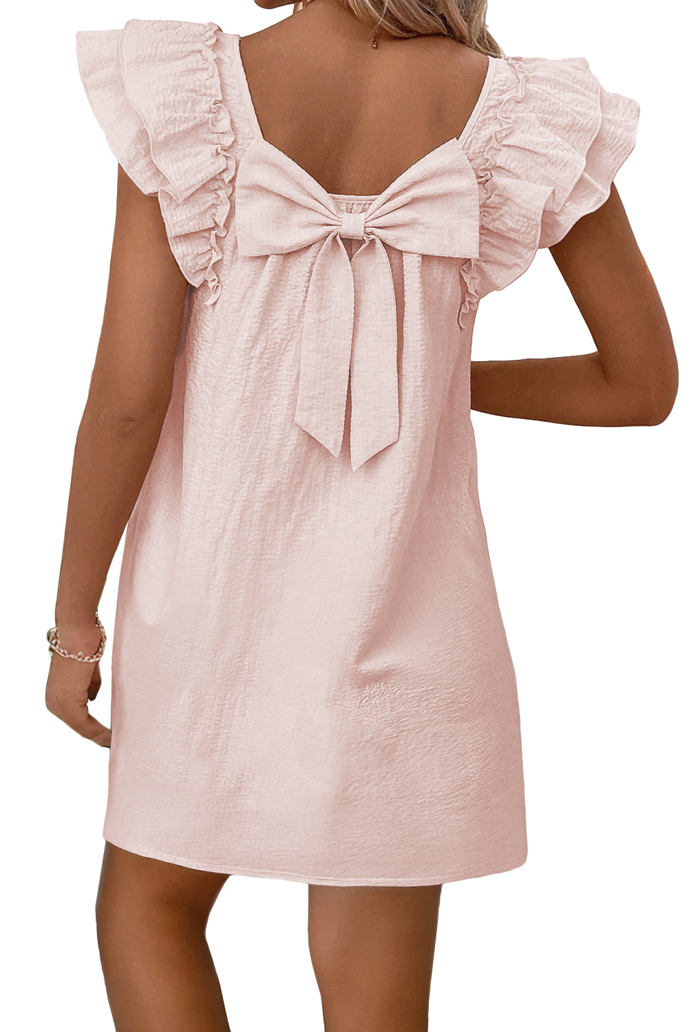 Light Pink Textured Flutter Sleeve Square Neck Bow Back Mini Dress eAura