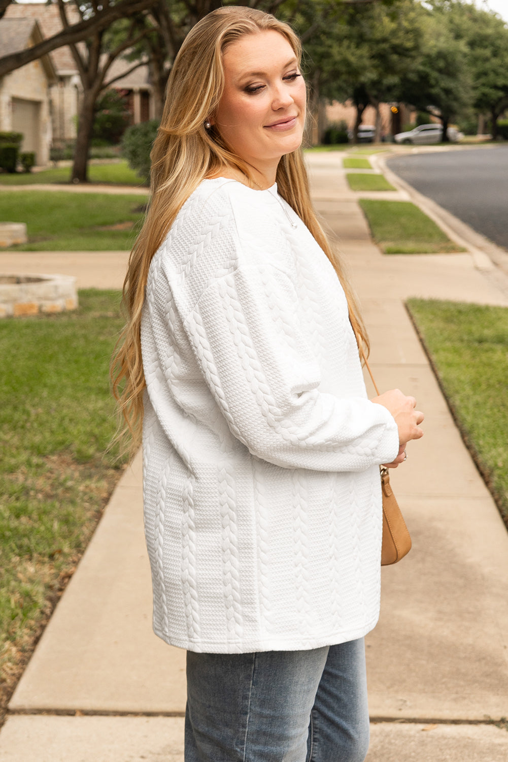 White Cable Textured Loose Plus Size Sweatshirt BB Fashion Outlet