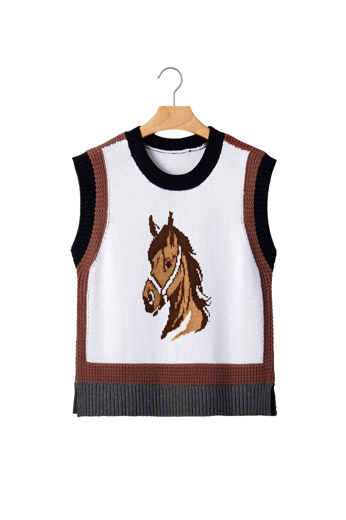 White Western Horse Head Colour Block Trim Sweater Vest