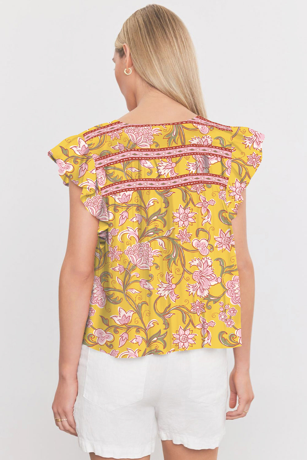Yellow Floral Notched Neck Ruffled Sleeve Casual Blouse eAura