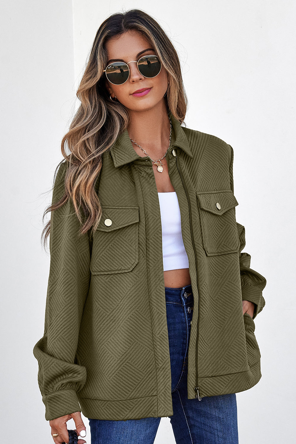 Solid Color Zip Up Button Flap Pocket Shirt Collar Jackets – Blackish Green