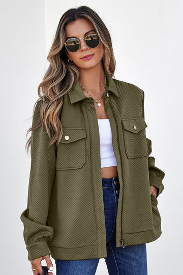 Solid Color Zip Up Button Flap Pocket Shirt Collar Jackets – Blackish Green