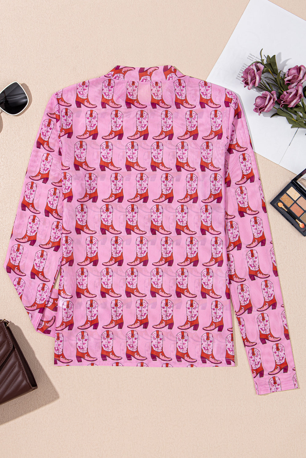 Pink Cowgirl Boots Printed Mock Neck Long Sleeve Mesh Top eAura