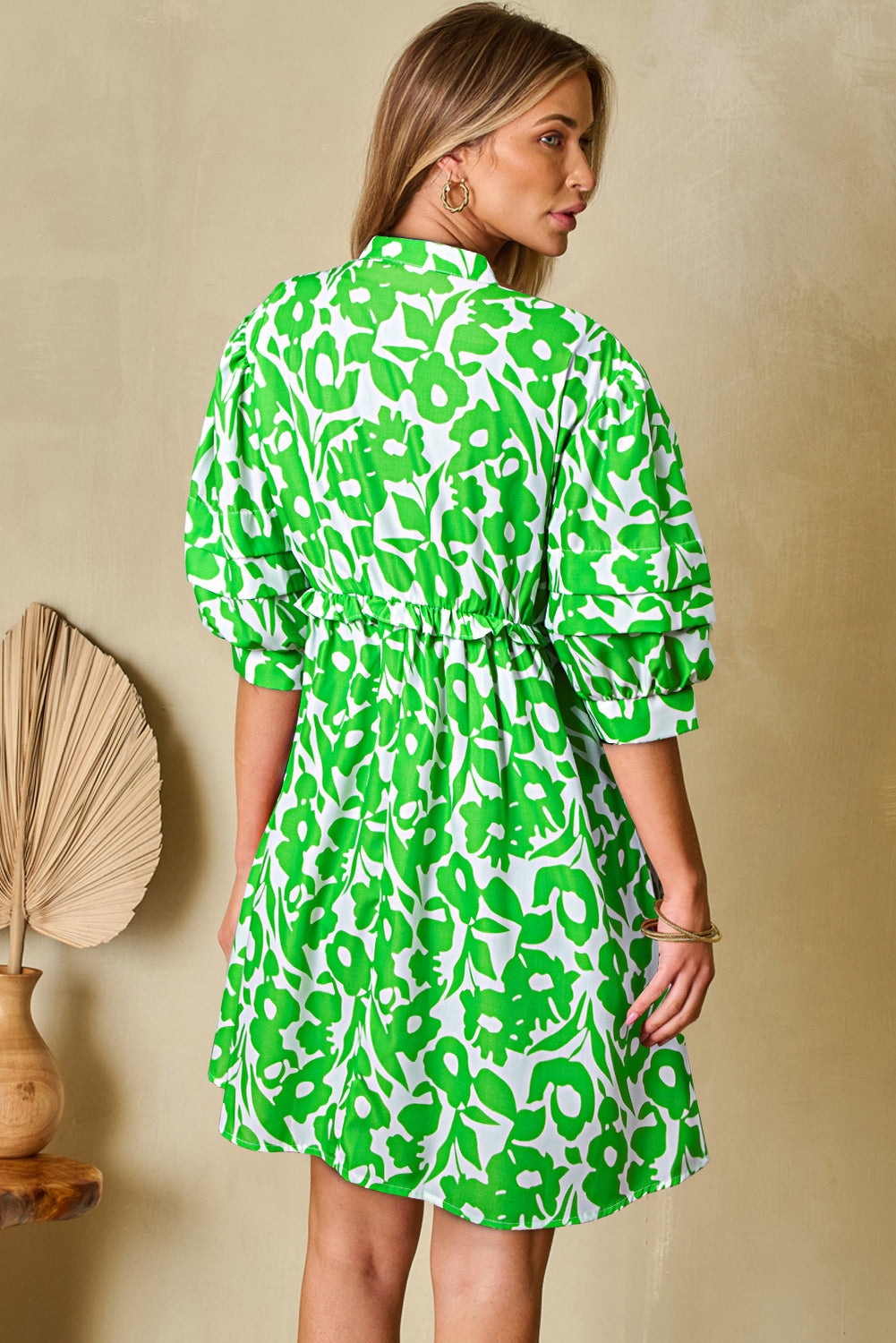 Green Floral Print Puff Half Sleeve V Neck Babydoll Dress eAura