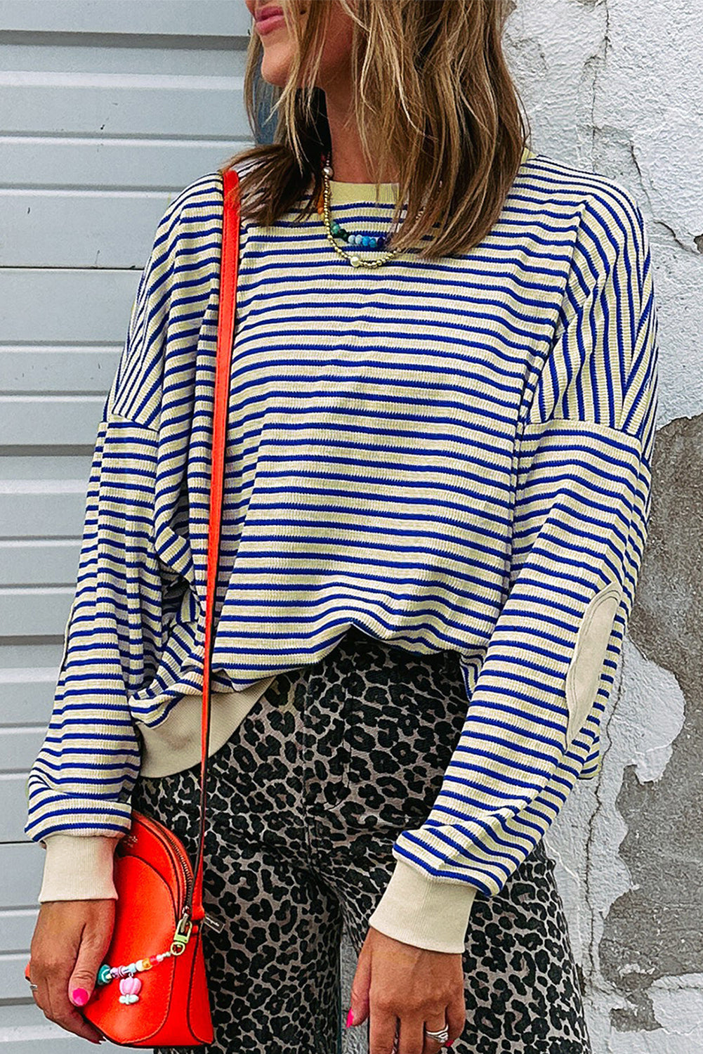Elbow Patched Crew Neck Drop Shoulder Sweatshirt - eAura