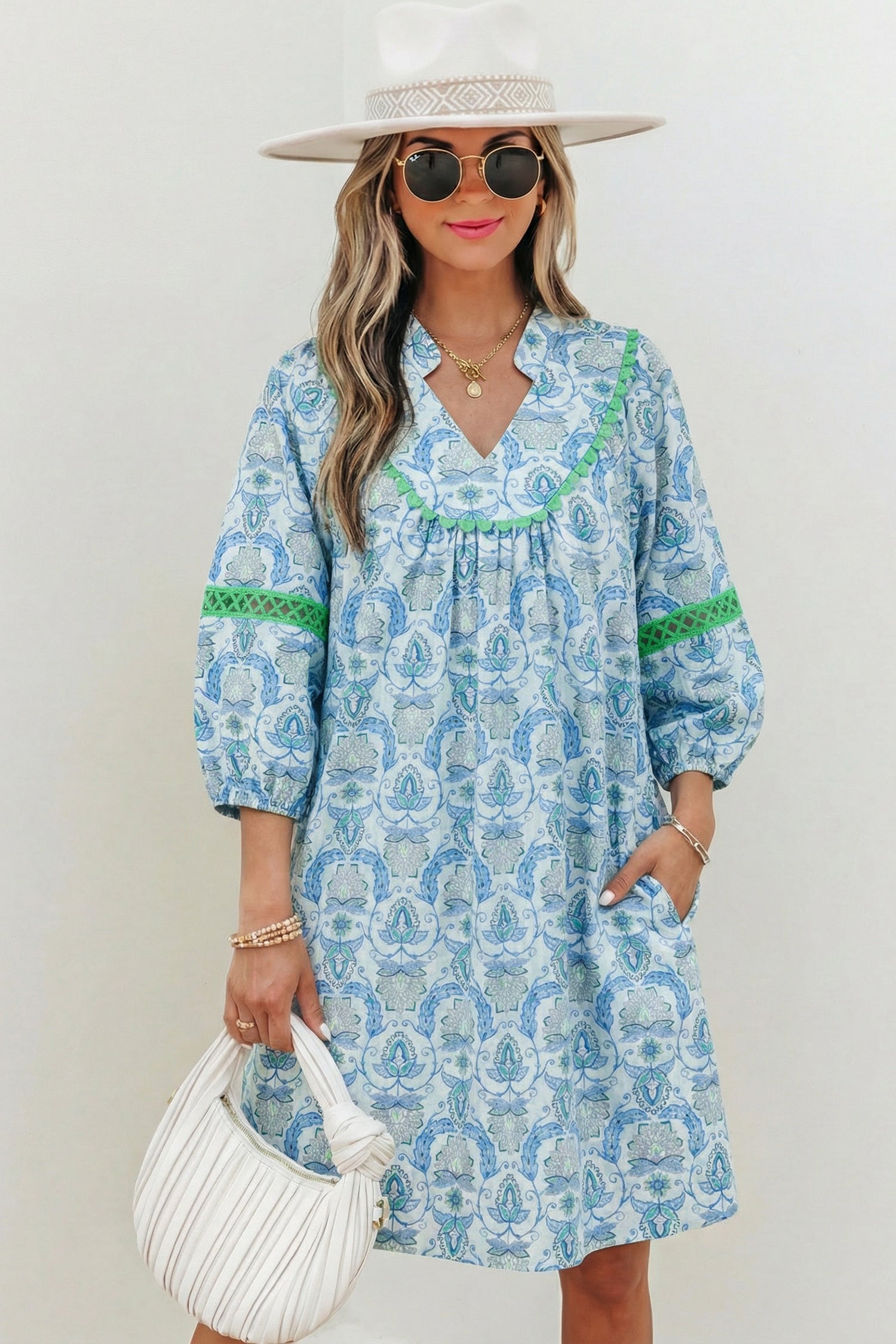 Boho Paisley Print Contrast Patchwork Detail Bracelet Sleeve Loose Mini Dress