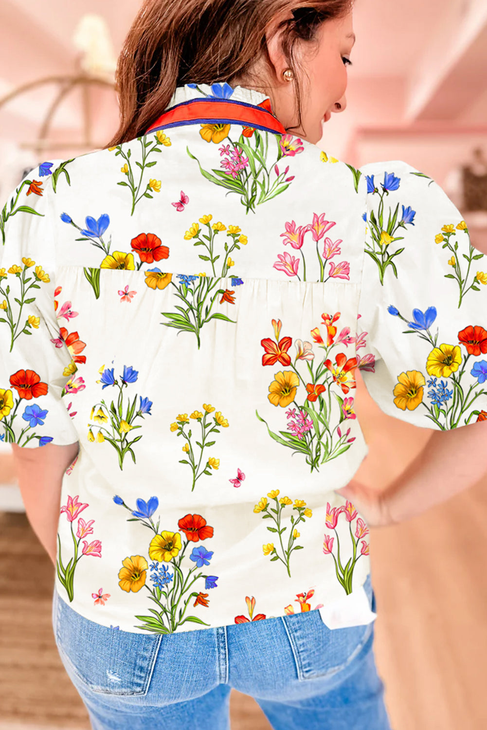 White Floral Short Puff Sleeve Contrast V Neck Print Blouse eAura