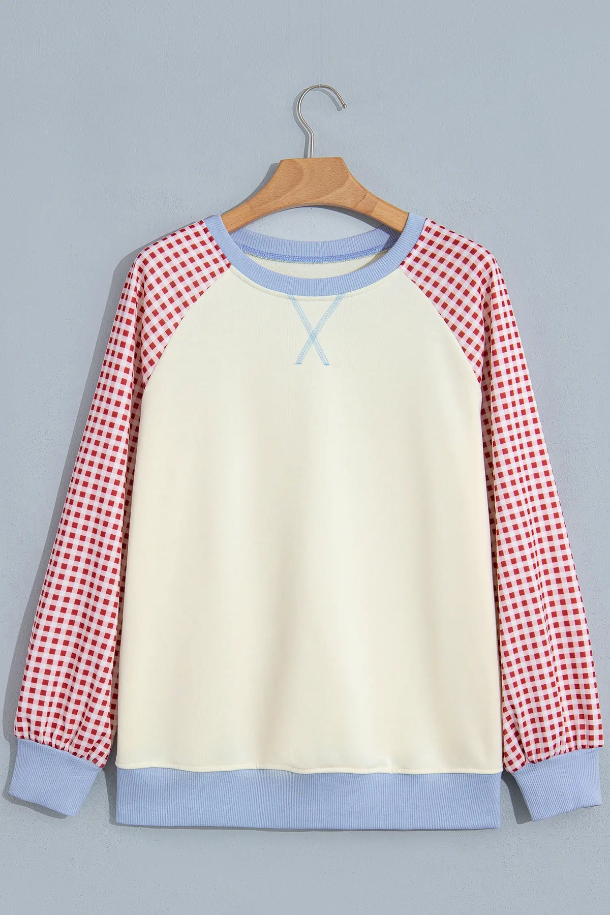 Plaid Sleeve Colourblock Raglan Pullover Sweatshirt – Beige