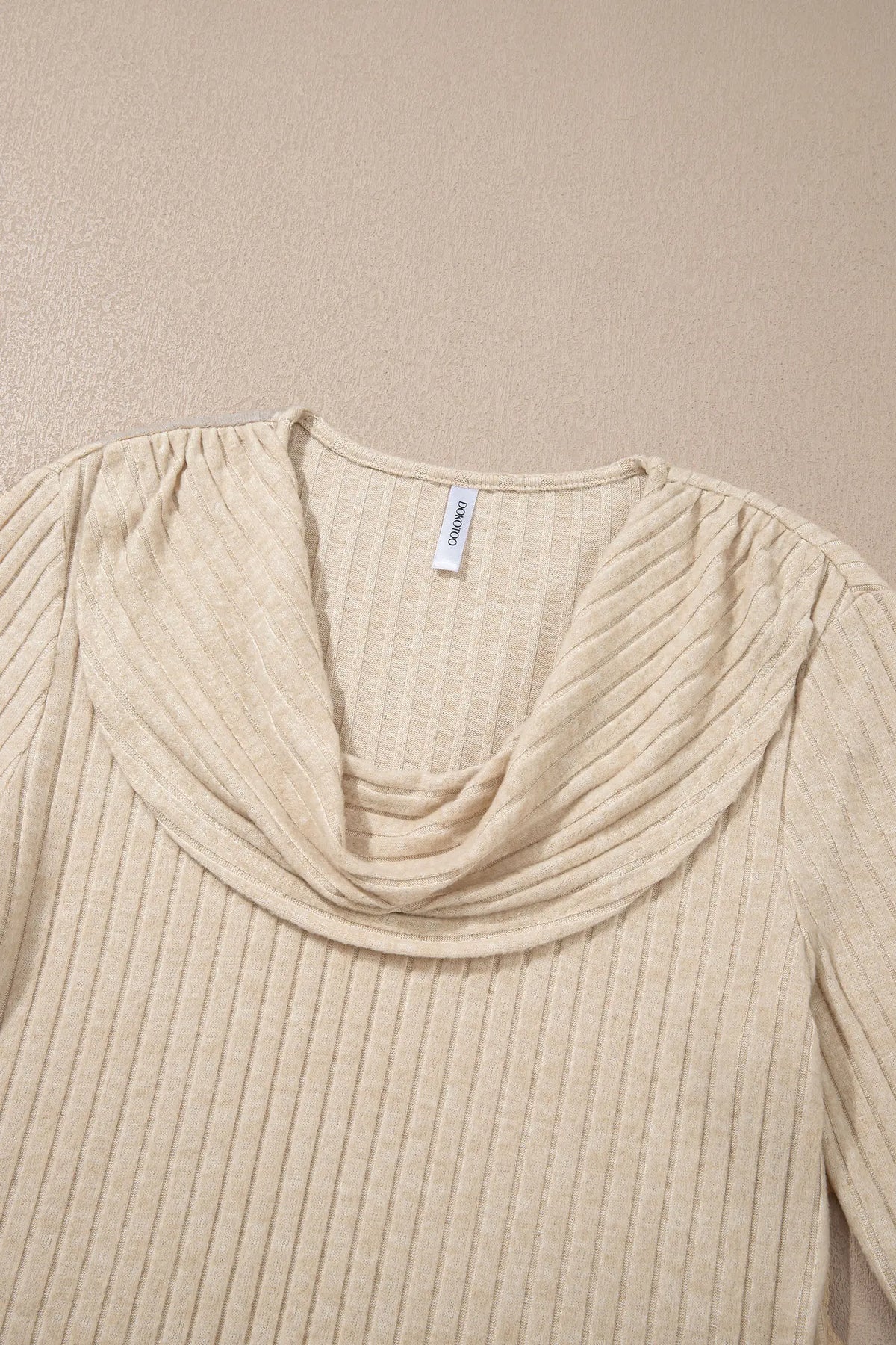 Apricot Solid Colour Ribbed Knit Cowl Neck Long Sleeve Top – Beige