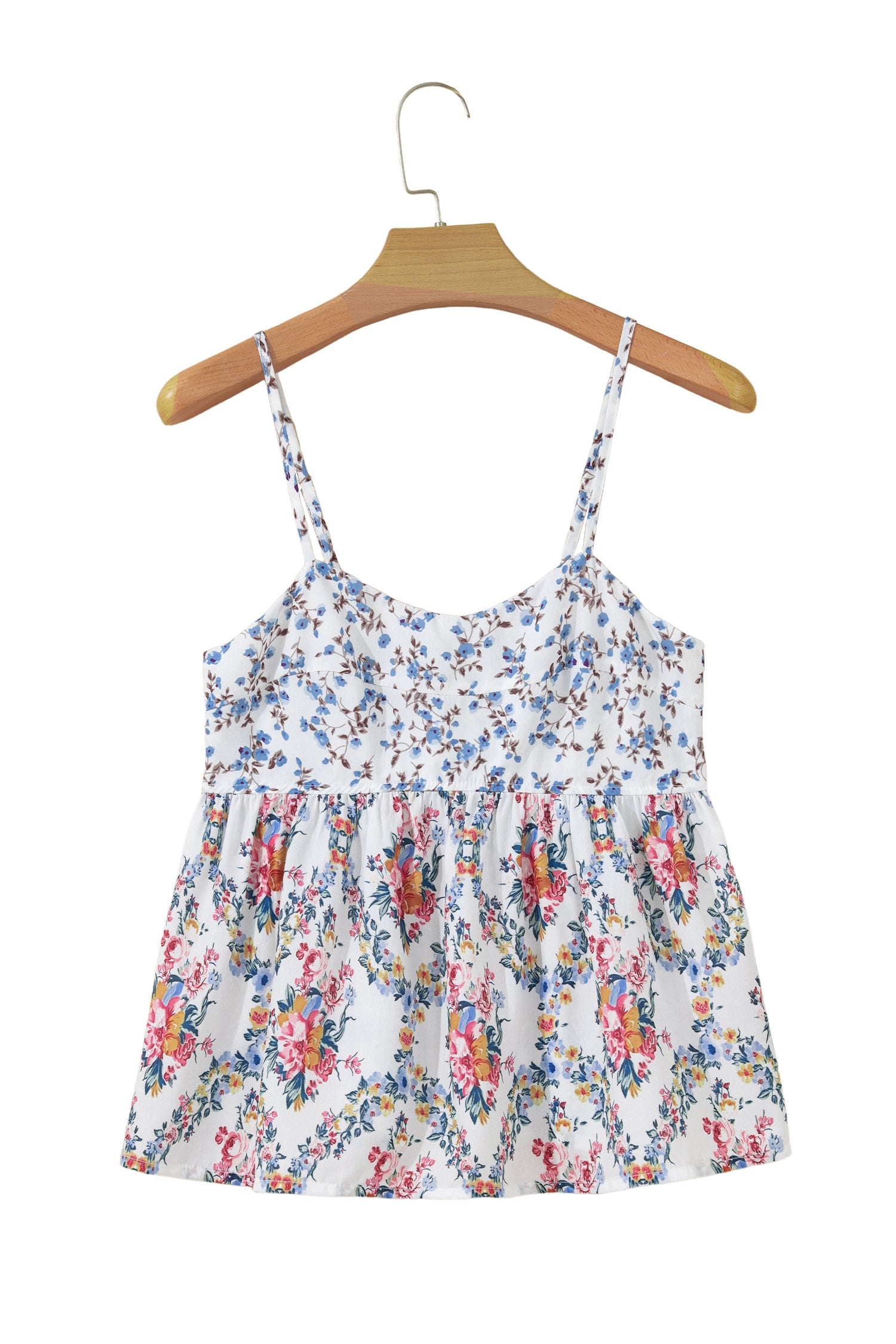Contrast Floral Printed Patchwork Spaghetti Straps Babydoll Top – White