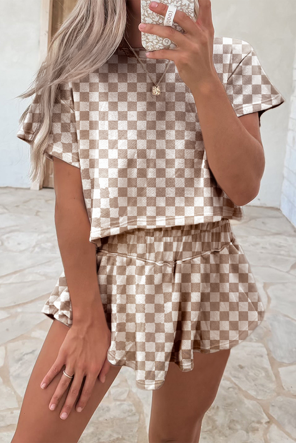 Brown Checkerboard T Shirt and High Waist Skorts 2 Piece Outfit Co-ord eAura