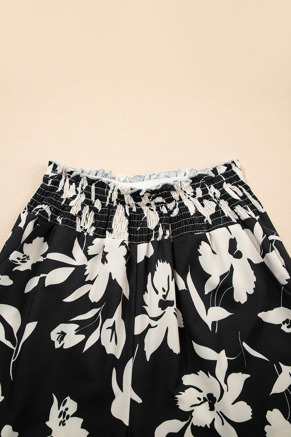 Black Floral Print Smocked High Waist Wide Leg Trousers BB Fashion Outlet