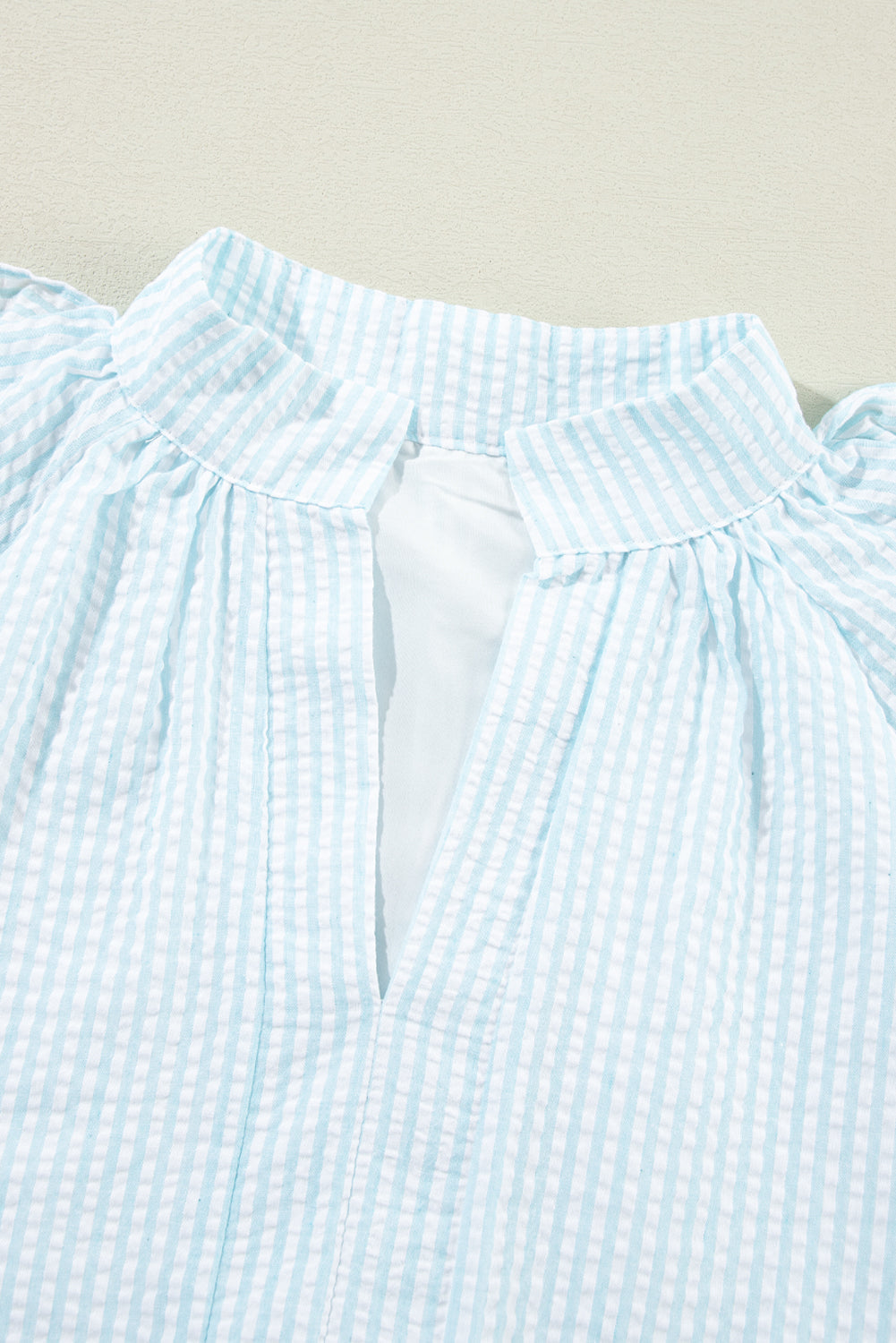 Myosotis Seersucker Ruffled Puff Sleeve Stand Neck Mini Dress Beagle Boutique Fashion Outlet
