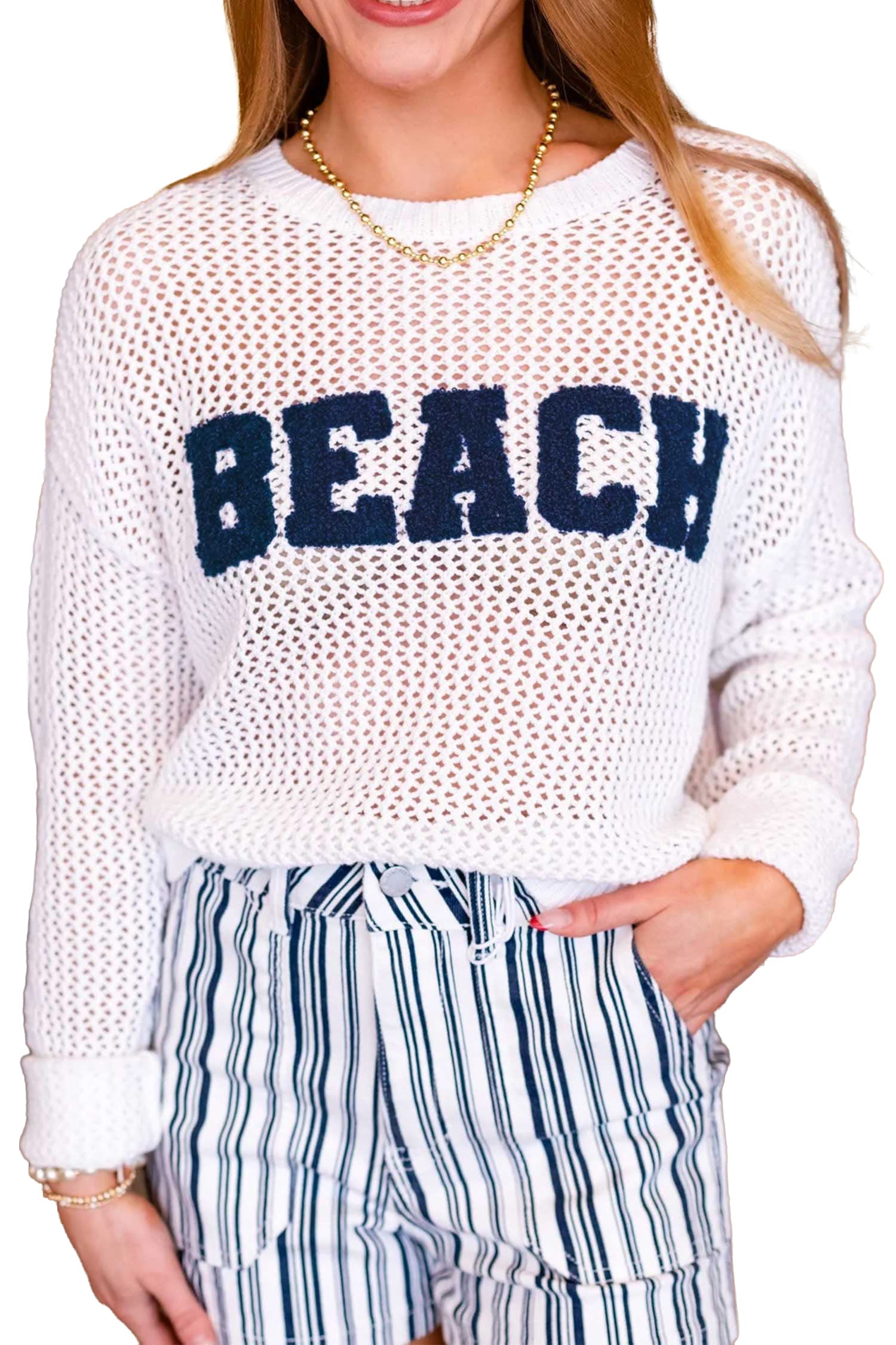 Chenille BEACH Lettering Hollow Out Knit Casual Sweater – White