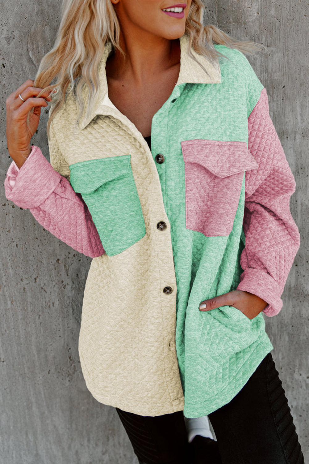 Green Color Block Patchwork Flap Pocket Quilted Shacket BB Fashion Outlet