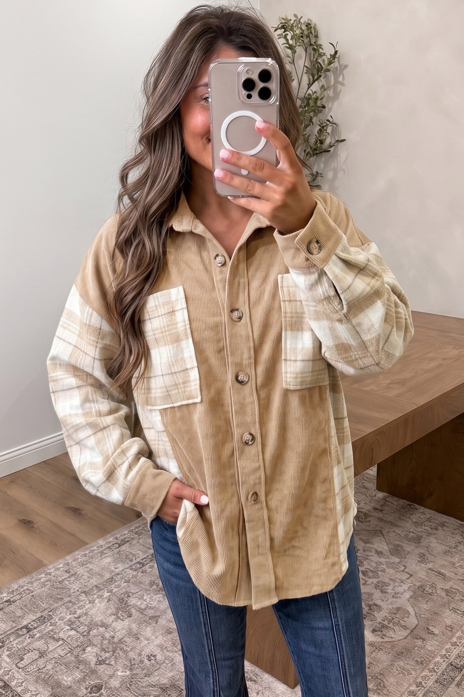 Plaid Colorblock Shirt Collar Shift Shacket – Light French Beige
