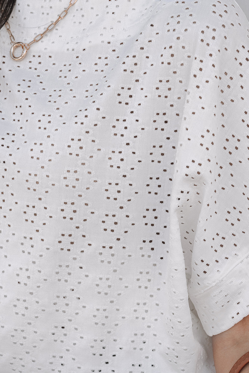 White Eyelet Pattern Boat Neck Casual Tee eAura