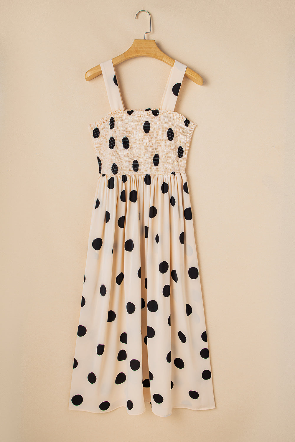 Oatmeal Polka Dot Smocked Fit Flared Sleeveless Long Dress eAura