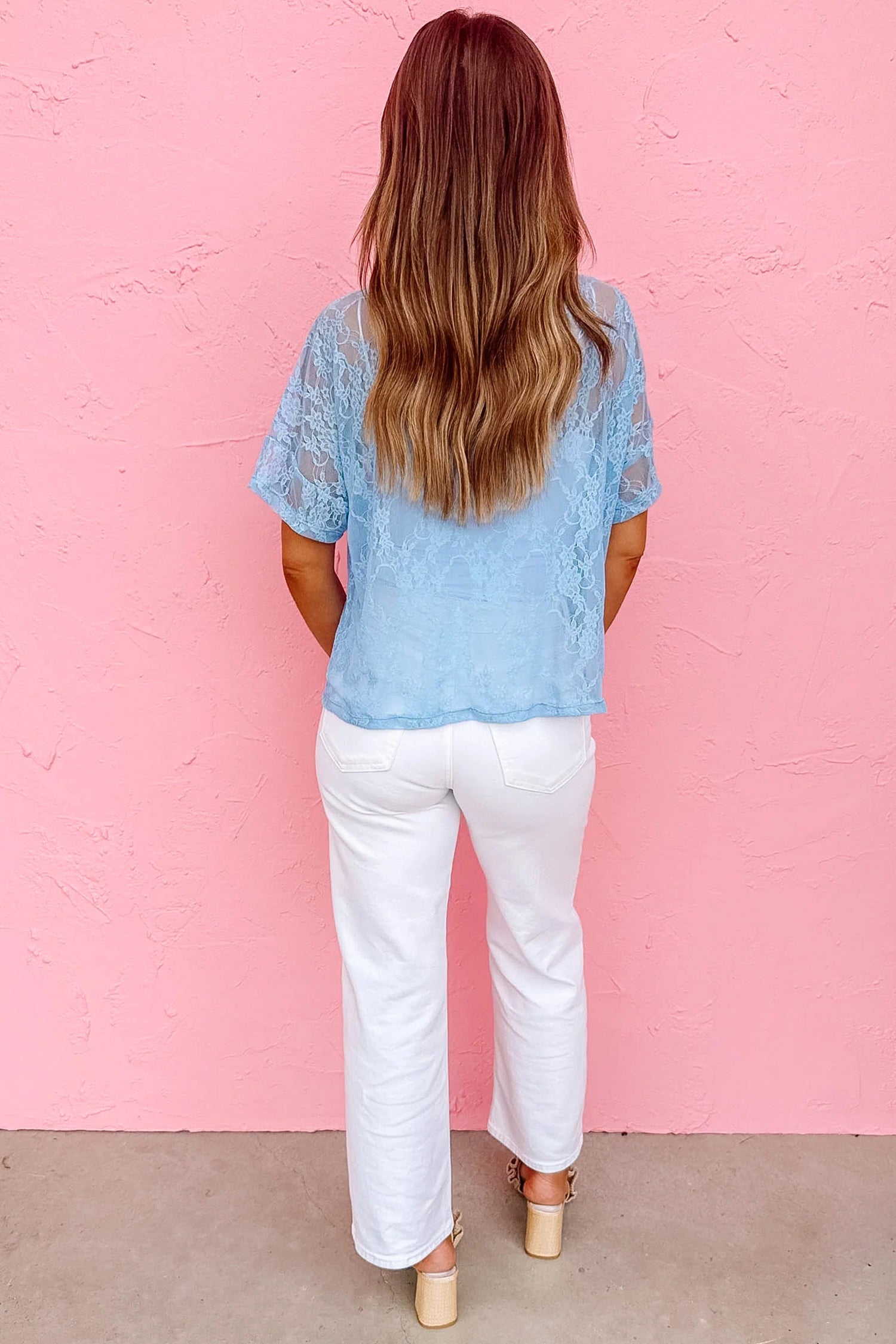 Beau Sheer Floral Lace Boxy Tee – Blue
