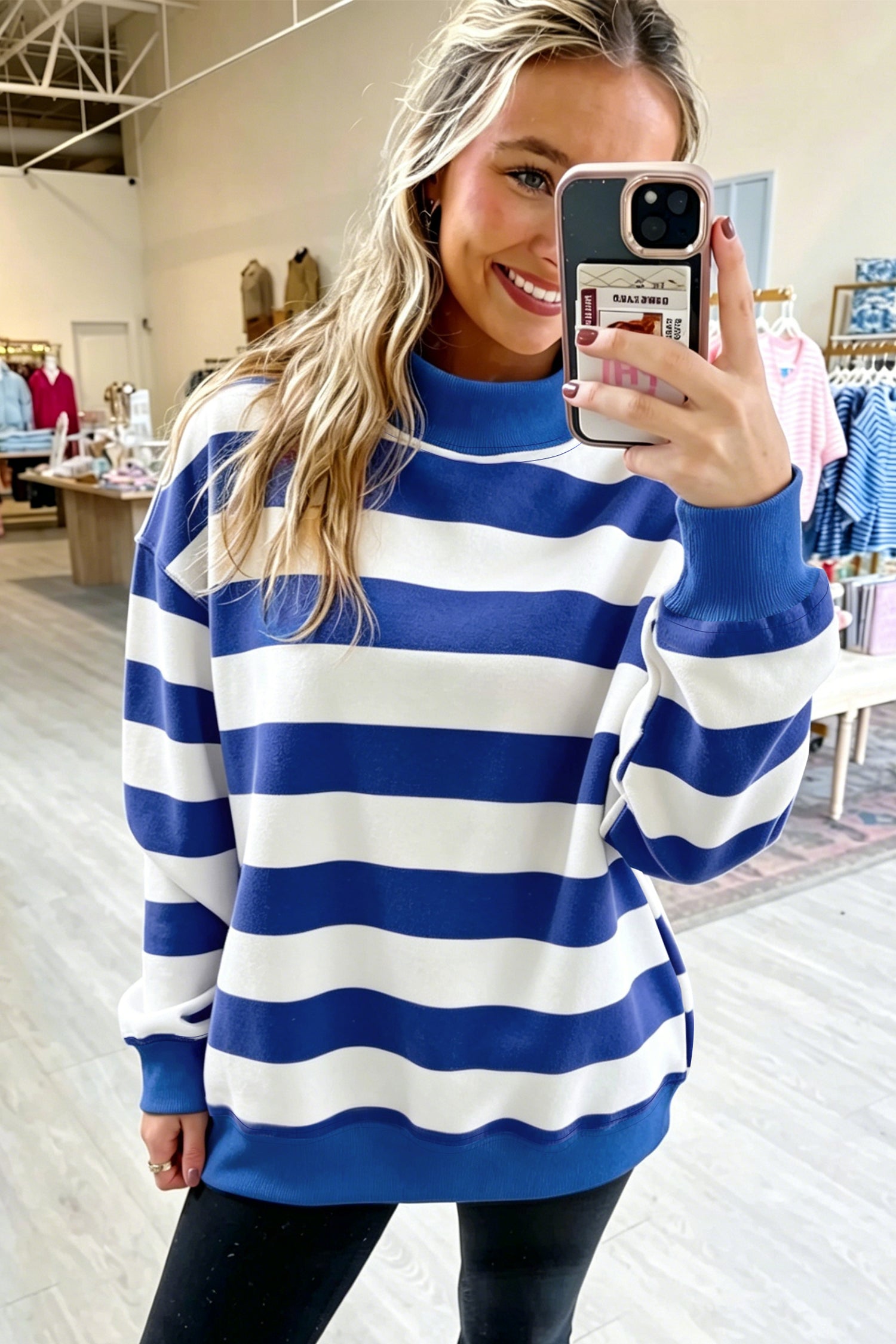 Colorblock Mock Neck Relaxed Sweatshirt – Blue Stripe