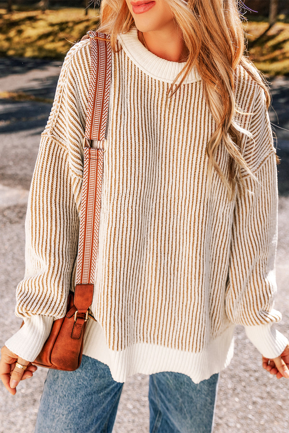 Bright Pink Striped Textured Knit Contrast Edge Loose Sweater eAura