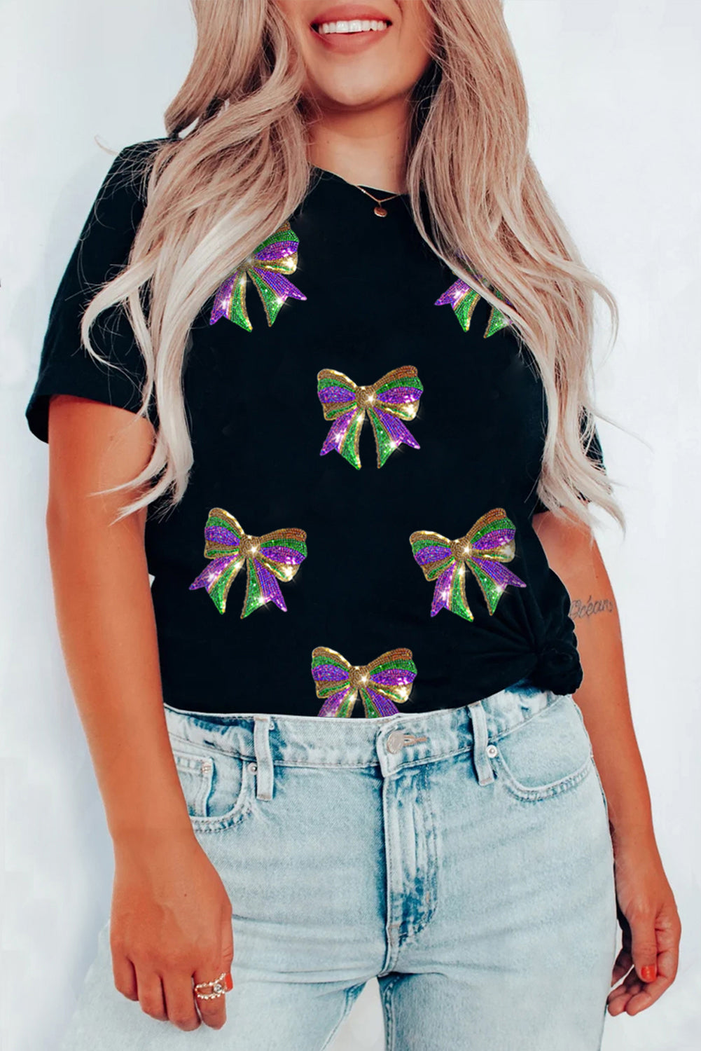 Black Sequin Mardi Gras Bow Graphic Crewneck Tee eAura