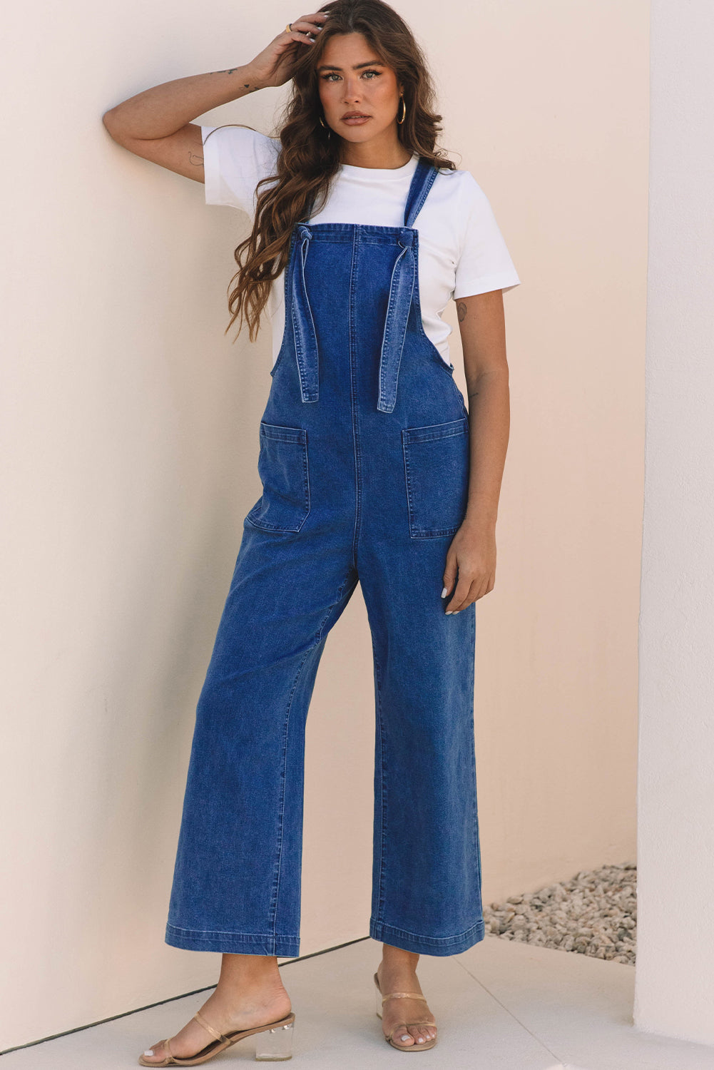 Blue Mineral Wash Knot Strap Patched Pocket Wide Leg Denim Overalls Dungarees BB Fashion Outlet