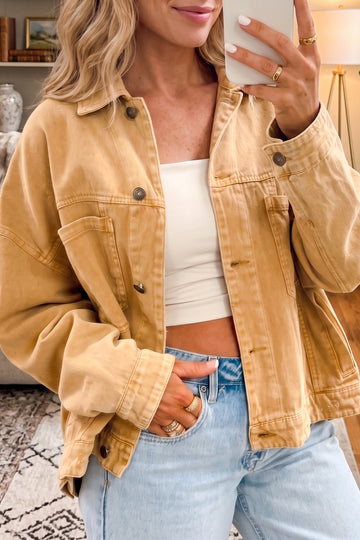 Metal Button Front Long Sleeve Collar Denim Jacket – Honey Gold