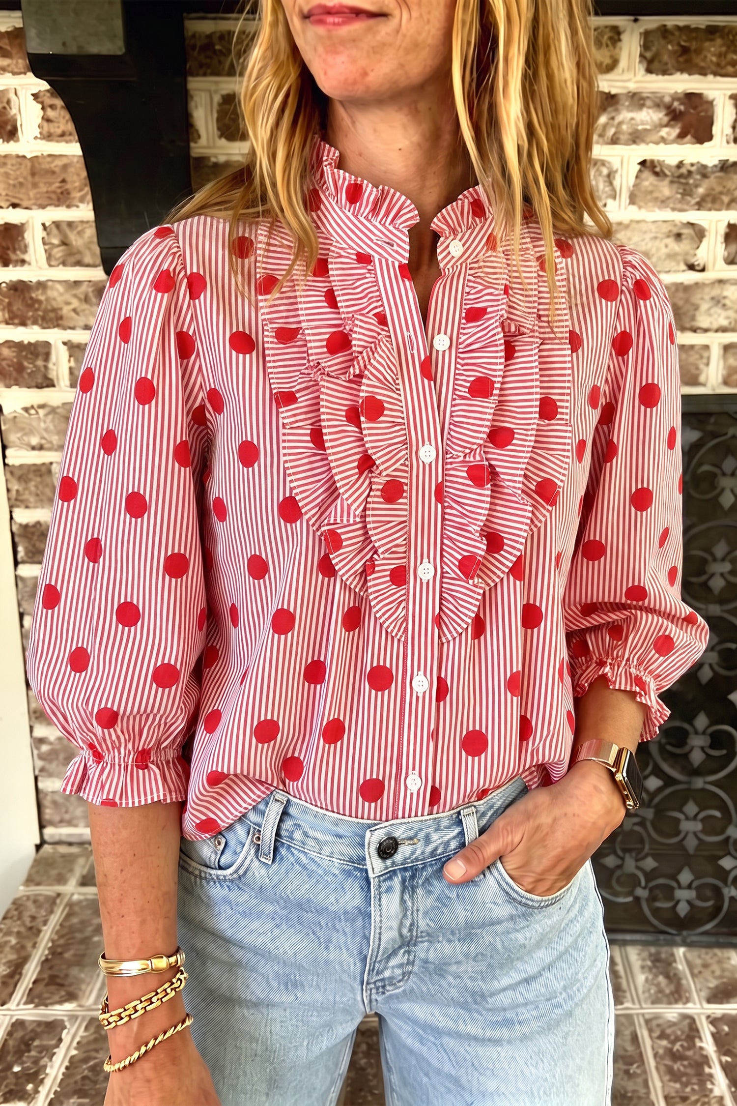 Polka Dot Striped Print Ruffle Stand Neck 3/4 Sleeve Shift Shirt – Fiery Red