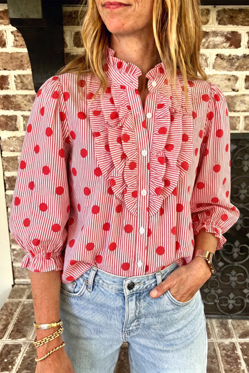 Polka Dot Striped Print Ruffle Stand Neck 3/4 Sleeve Shift Shirt – Fiery Red