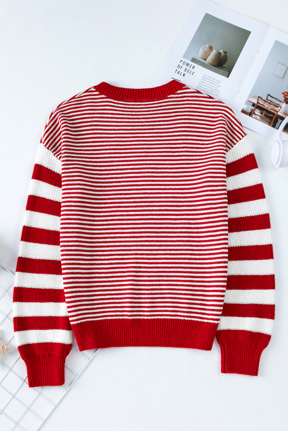 Red Stripe Geometric Textured Drop Shoulder Sweater eAura