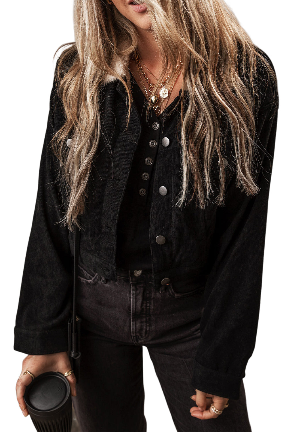 Black Fleece Lined Button-up Collared Corduroy Crop Jacket eAura