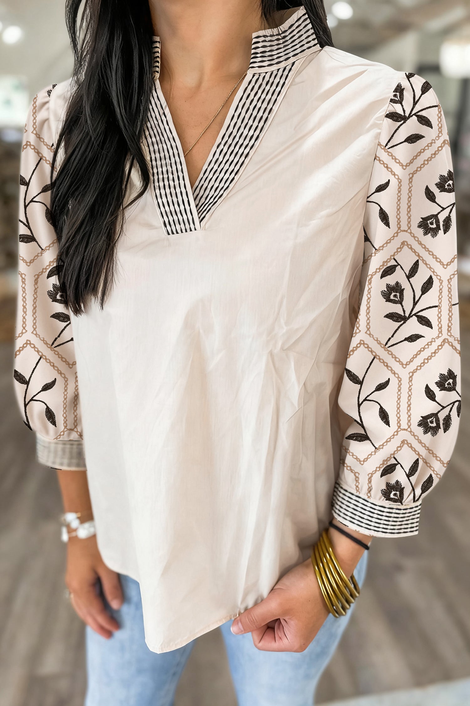 Floral Puff Sleeve Contrast V-Neck Patchwork Blouse