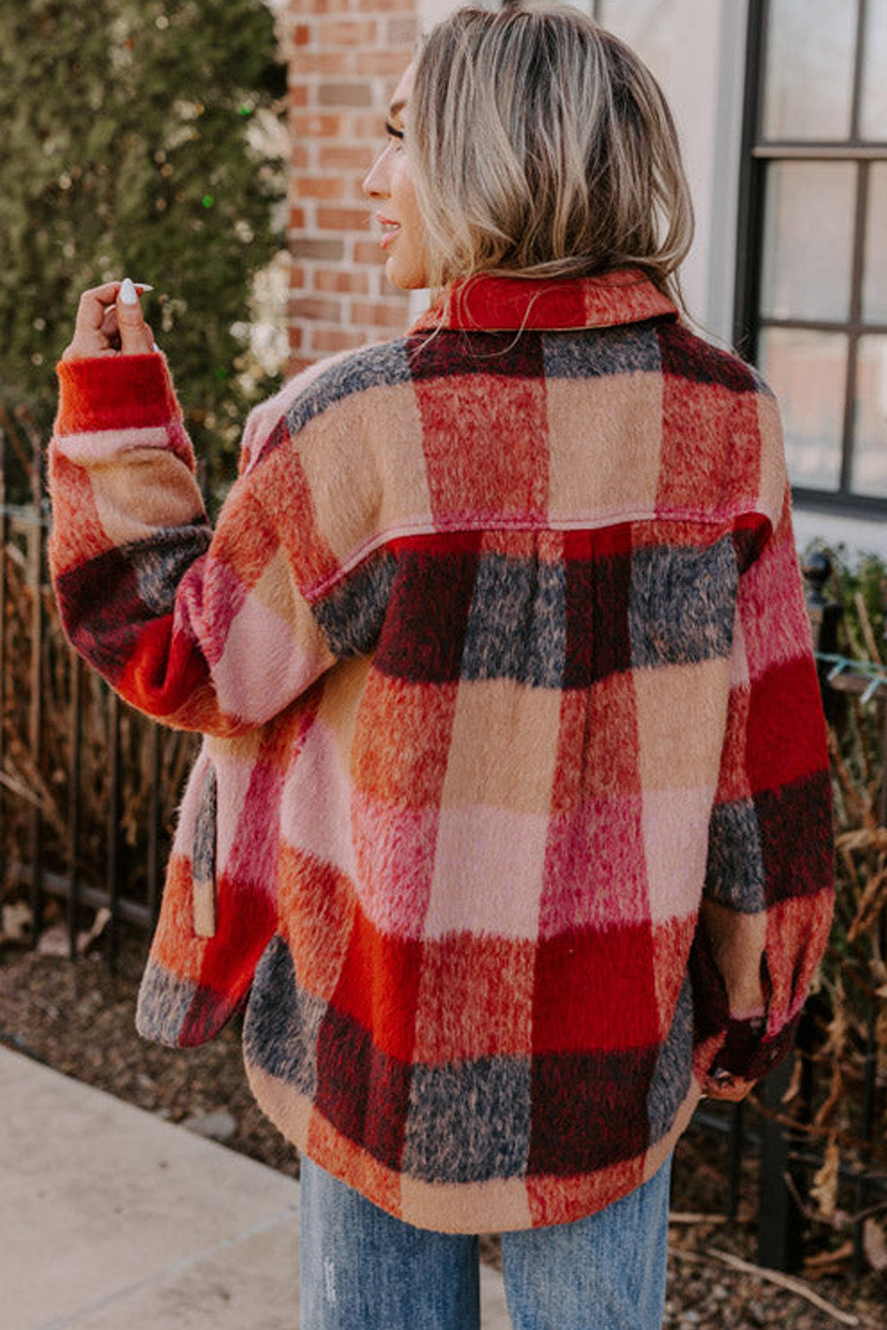 Orange Plaid Print Flap Pockets Buttoned Casual Plus Size Jacket BB Fashion Outlet