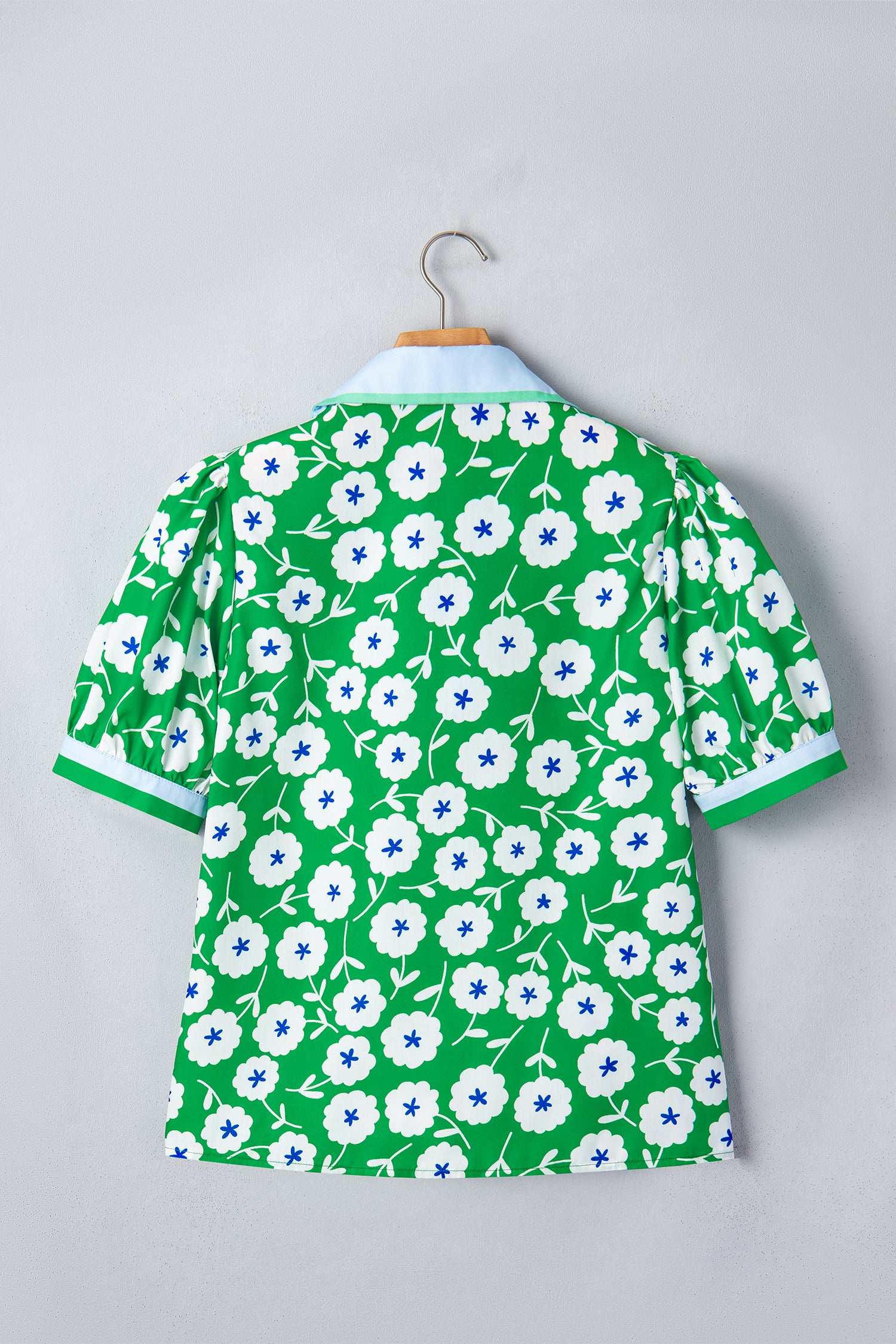 Flower Printed Contrast Patchwork Collar Short Sleeve Blouse – Green