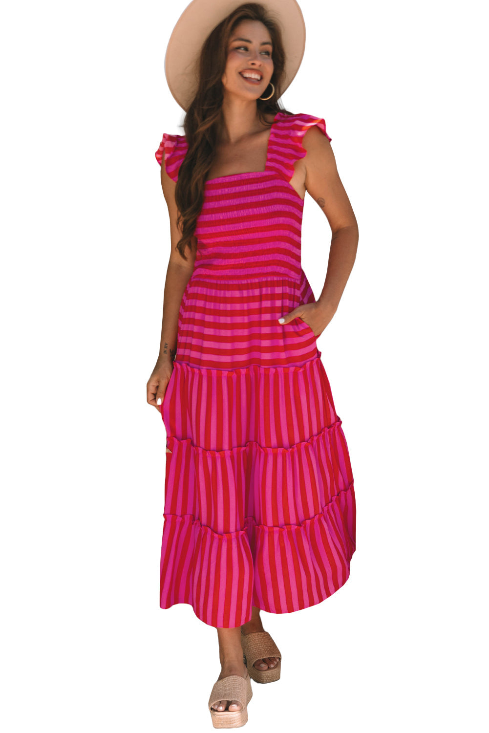 Rose Stripe Flutter Sleeve Smocked Bodice Tiered Maxi Dress eAura