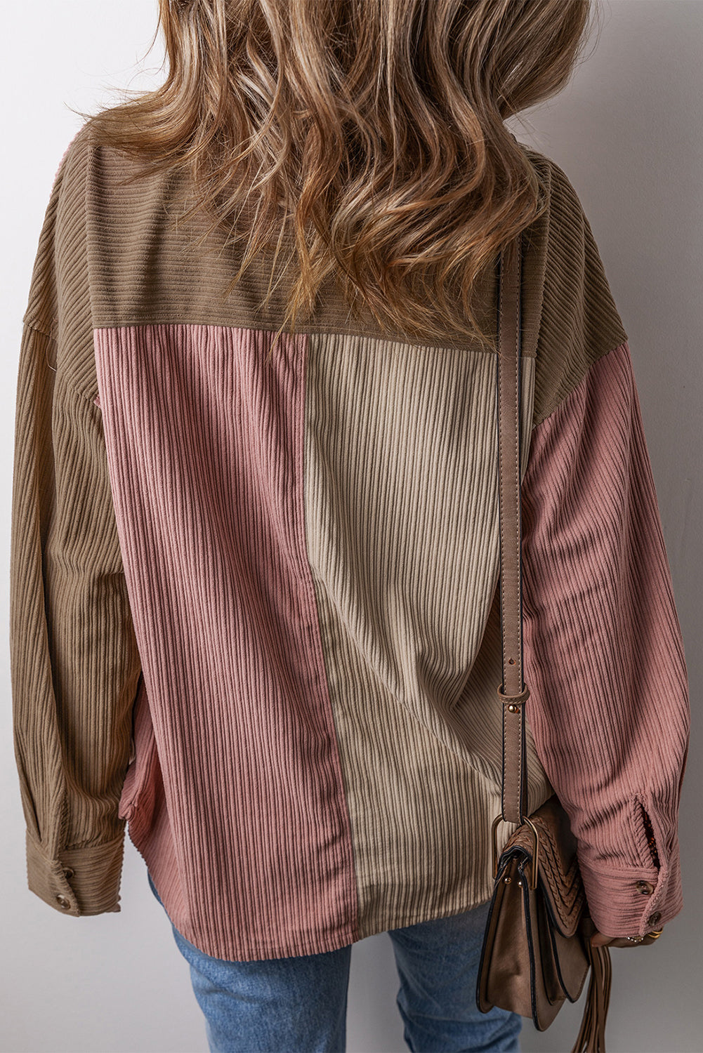 Mineral Red Colour Block Chest Pockets Buttoned Corduroy Shacket eAura