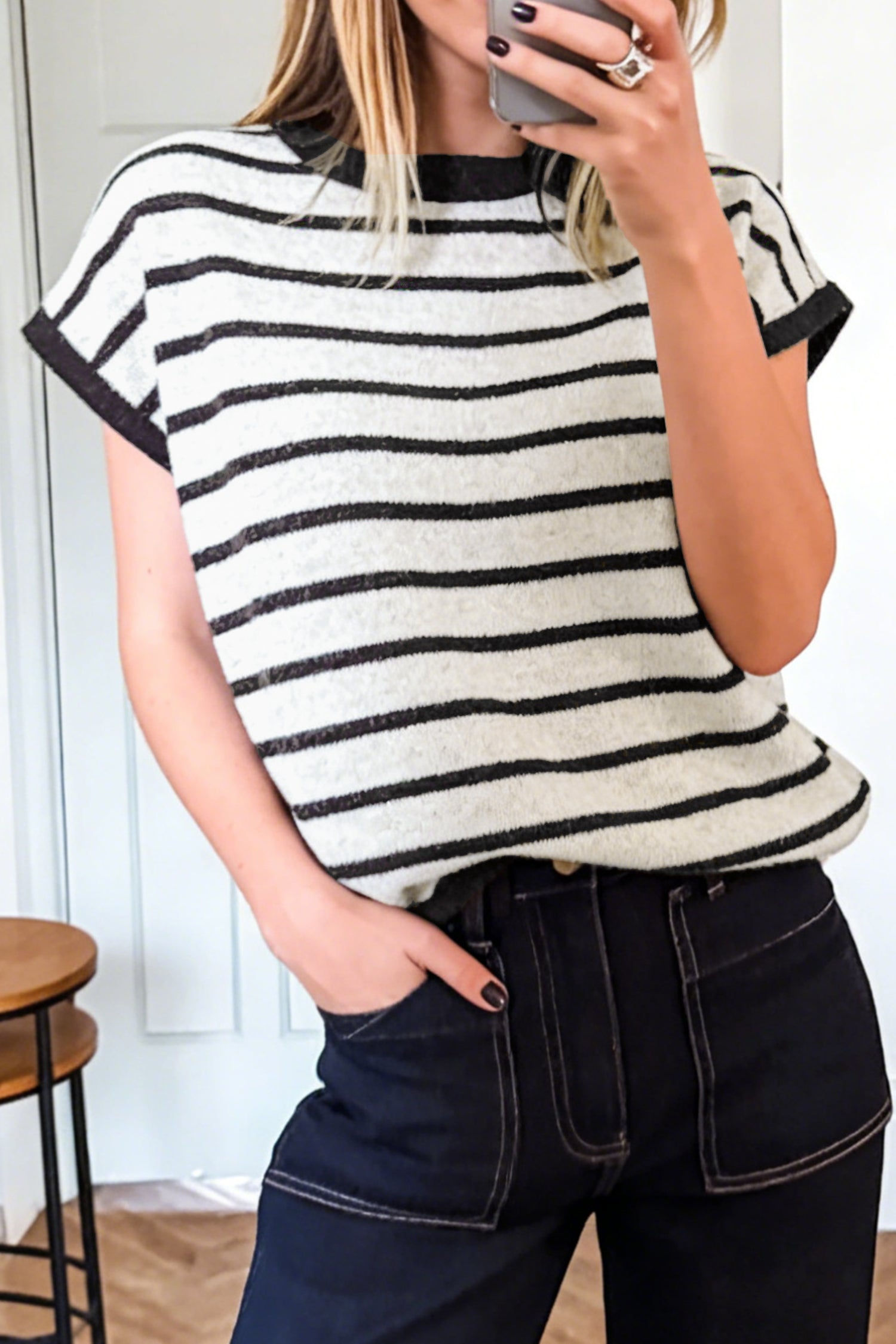 Stripe Bow Appliqué Short Sleeve Sweater