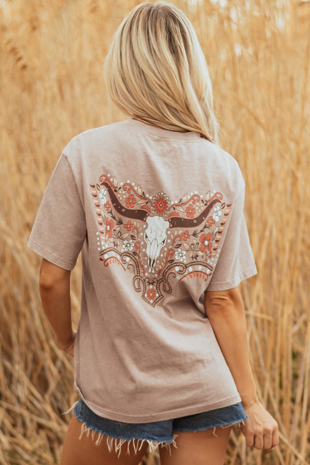 Smoke Grey Mineral Wash Floral Steer Head Printed Back Western Fashion Tee eAura