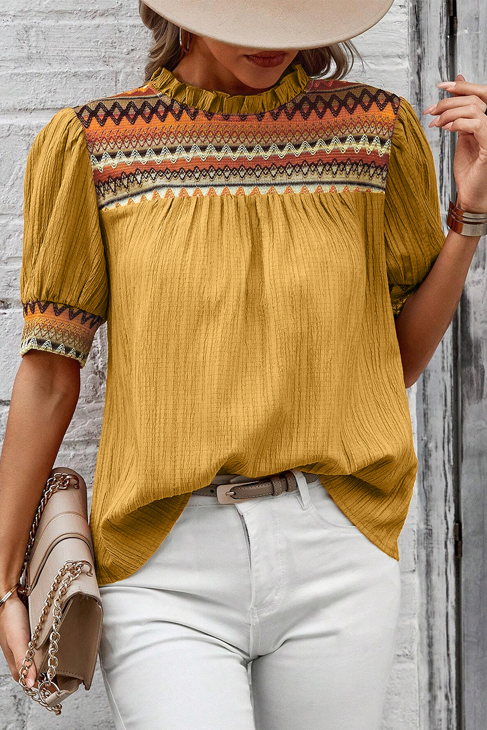 Mustard Geometric Short Puff Sleeve Frilled Collar Blouse eAura